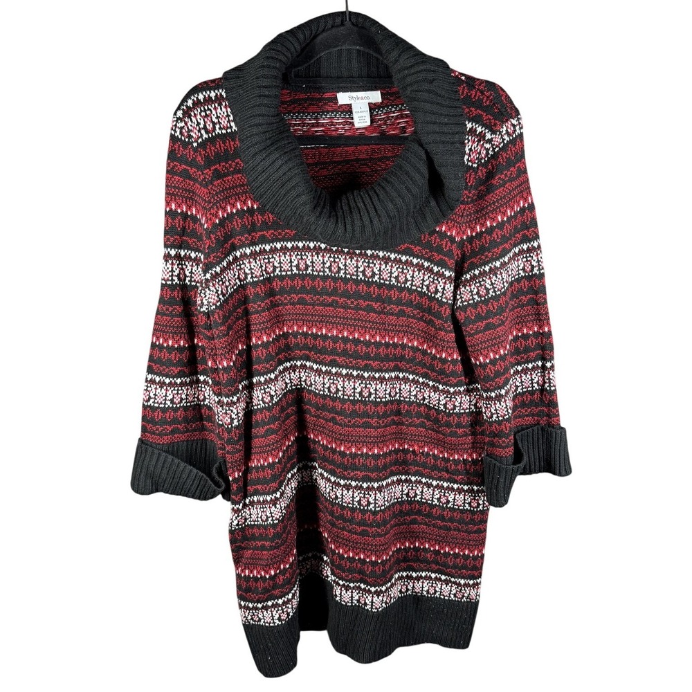 Style & Co Sweater Women L Red Black Fair Isle Cowl Neck‎ 3/4 Sleeve Knit